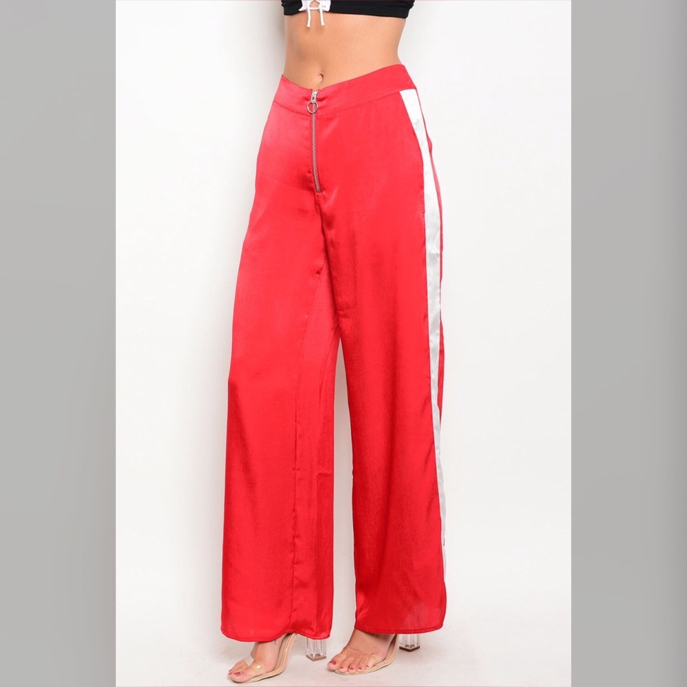 KIMY RED SATIN TRACK PANTS WITH WHITE STRIPE